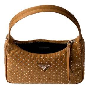 Prada Re-Edition Studded Nylon Mini Shoulder Bag in Brown with Silver